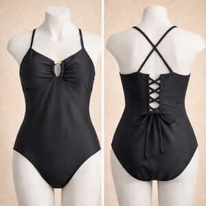 Black Lace Up Back One Piece Swimsuit NEW Large- Ruched Bust Minimalist Swimwear